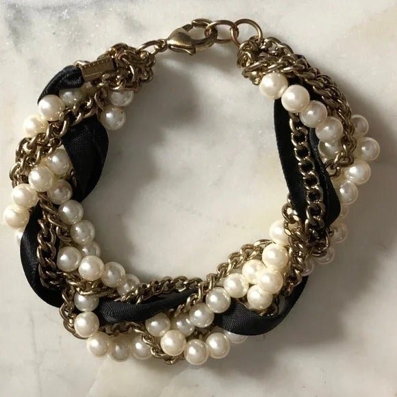 Synthetic Pearl Chain & Ribbon Twist Bracelet - Picture 1 of 5